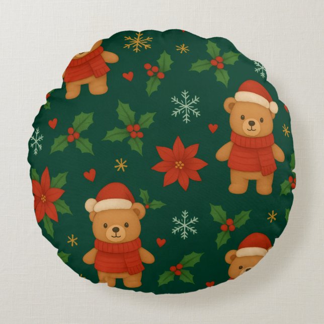 Christmas Teddy Bear Pattern – Cute Green Holiday  Rond Kussen (Voorkant)
