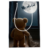 Christmas Teddy Bear Watching Santa Medium Cadeauzakje (Voorkant)