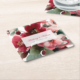  Christmas Themed Red Floral Wedding  Vierkante Kartonnen Onderzetter
