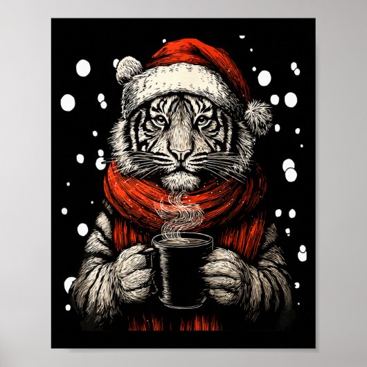 Christmas Tiger With Santa Hat Coffee Lover Funny Poster (Voorkant)