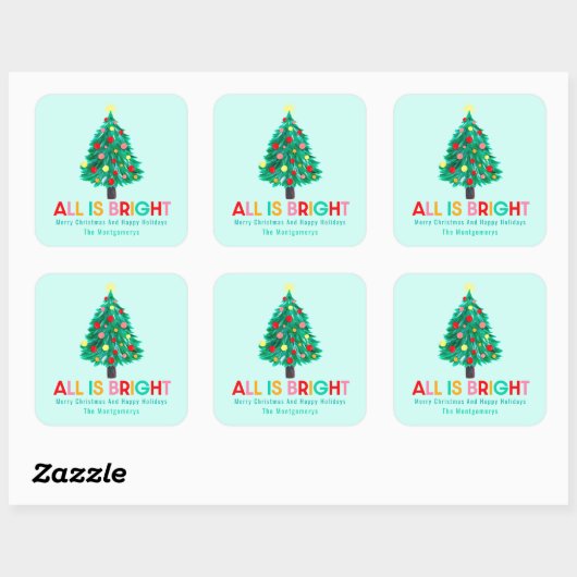 Christmas Tree "All Is Bright" Pastel Personalize Vierkante Sticker (Vel)