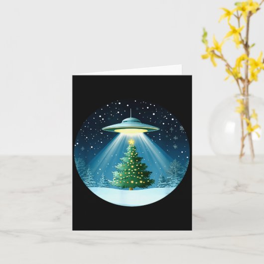 Christmas Tree Beamed By Ufo For Interstellar Holi Kaart (Gele Bloem)