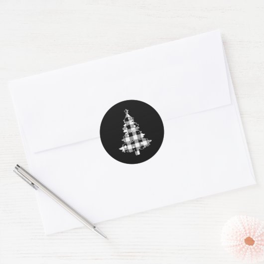 Christmas Tree Black & White Buffalo Plaid Mer Ronde Sticker (Envelop)
