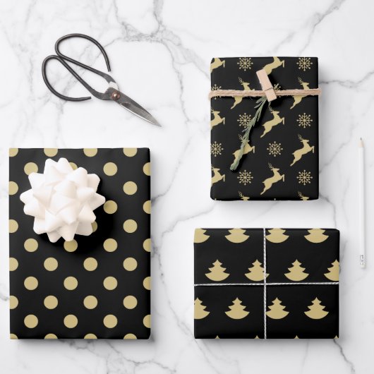 Christmas Tree Black And Gold Reindeer Pattern Inpakpapier Vel (Voorkant)