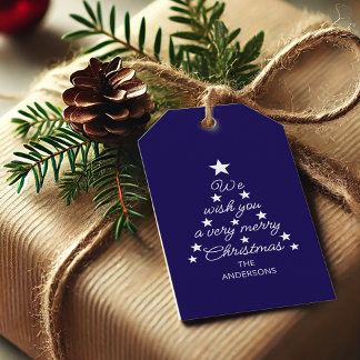 Christmas Tree Blue White Stars & Name Typography  Cadeaulabel