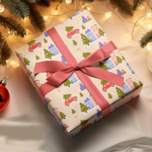 Christmas Tree Car House Illustratiepatroon Cadeaupapier