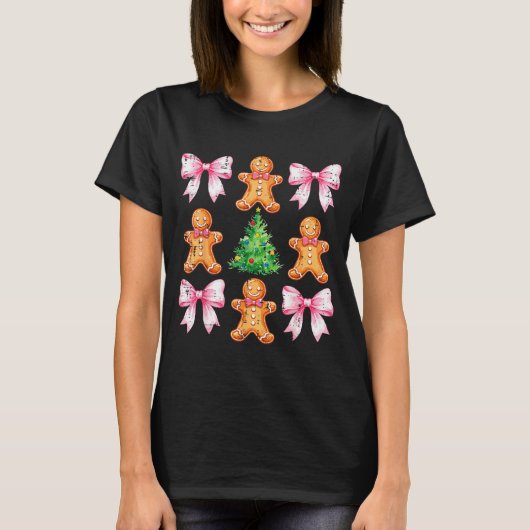 Christmas Tree Gingerbread Man Bow Pattern Xmas Gi T-shirt (Voorkant)