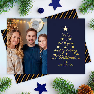 Christmas Tree Navy Blue Gold Stars Family Photo  Folie Feestdagenkaart