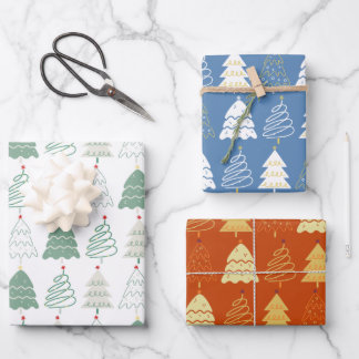 Christmas Tree Pattern in Retro Green Blue Russet Inpakpapier Vel