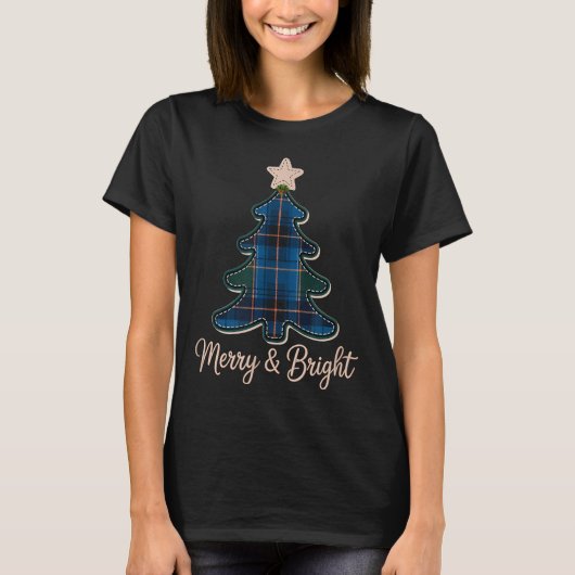 Christmas Tree Pattern Tartans Greens And Blue Pla T-shirt (Voorkant)