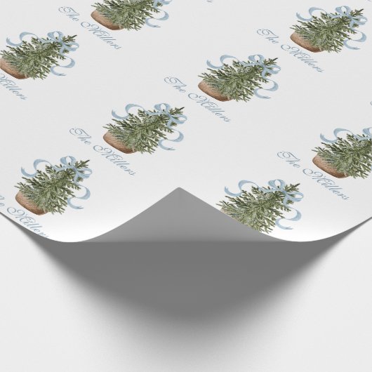 Christmas Tree Preppy Bow Blue Christmas Cadeaupapier (Hoek)