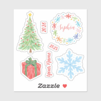 Christmas Tree Snowflakes & Floral Custom Name Sticker