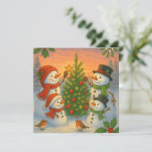 Christmas Tree Snowman Family In Snowy Sunset Feestdagenkaart (Staand voorkant)