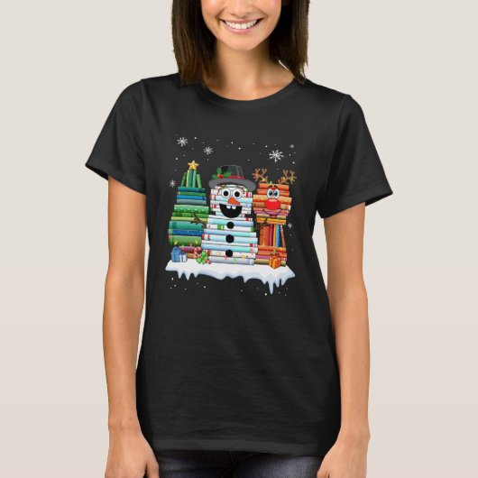 Christmas Tree Snowman Reindeer Book Stack Librari T-shirt (Voorkant)