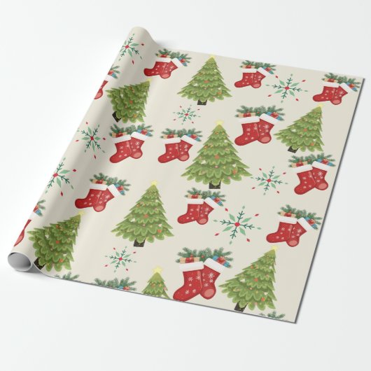 Christmas Tree, Stocking & Snowflake WrappingPaper Cadeaupapier (Uitgerold)