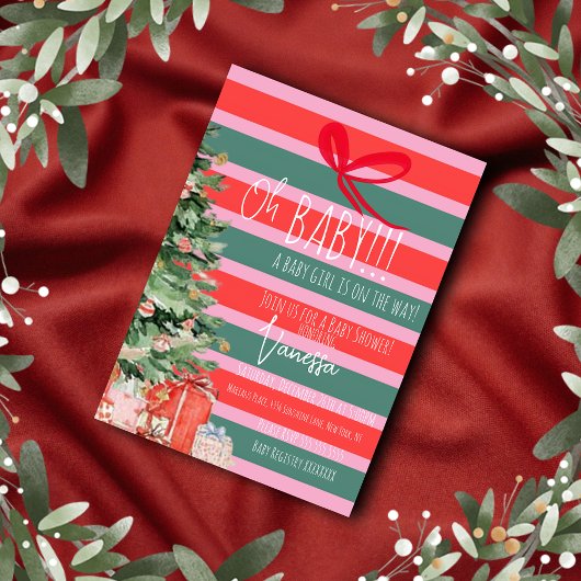 Christmas Tree Stripes Girls Baby Shower Kaart