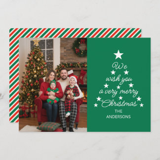 Christmas Tree Typography Family Photo Stars Green Feestdagenkaart