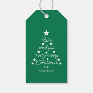 Christmas Tree Typography Green White Stars & Name Cadeaulabel