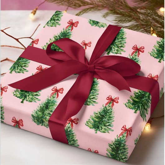 Christmas Tree with Red Bow | Pink Wrapping Paper Cadeaupapier