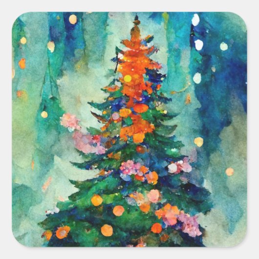 Christmas Tree with sparkly lights w/ snowy trees  Vierkante Sticker (Voorkant)
