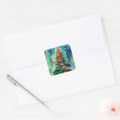 Christmas Tree with sparkly lights w/ snowy trees  Vierkante Sticker (Envelop)