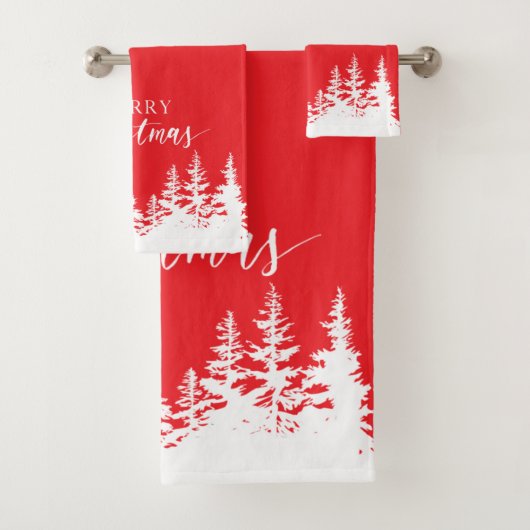 Christmas Trees Bath Towel Set Red and White Bad Handdoek (Insitu)