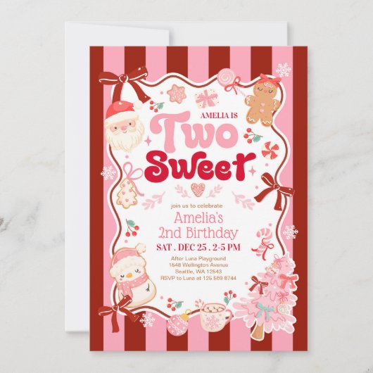 Christmas Two Sweet 2nd Birthday Invitation Kaart (Voorkant)