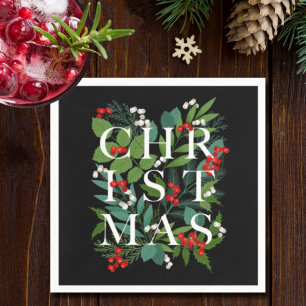 CHRISTMAS Typografie Berries Greenery op Black Servet