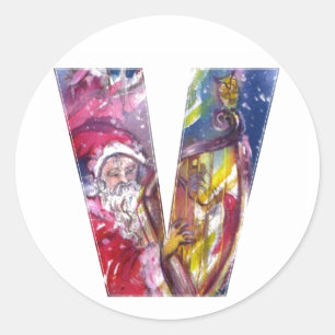 CHRISTMAS V LETTER/SANTA SPEELT HARP UIT RONDE STICKER