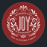 CHRISTMAS VACANCES ART ART ORNAMENT STICKERS<br><div class="desc">VOUS SOUHAITEZ JOIE & HAPPINESS : Bright and joerful whimsical round chalkboard style ornement de Noël avec bannière rétro, typographie rouge et blanc vintage, et tourbillons fantaisie. Personnalisez ce étiquette ROND décoratif avec votre nom de famille ou votre salutation personnalisée. Parfait pour sceller les enveloppes ou comme étiquettes cadeaux. Contemporain,...</div>