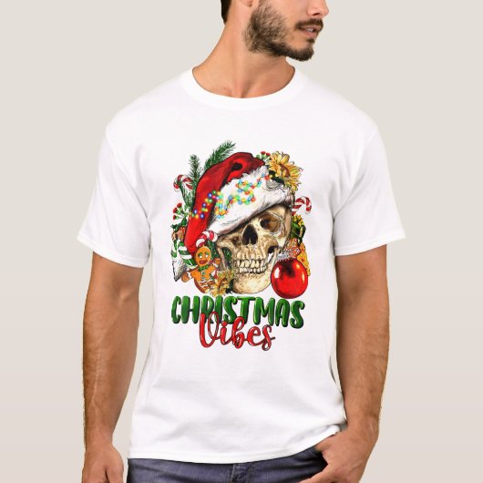 Christmas Vibes Skeleton Skull T-shirt (Voorkant)