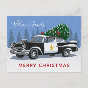 Christmas Vintage Police Car Tree Monogram Feestdagenkaart