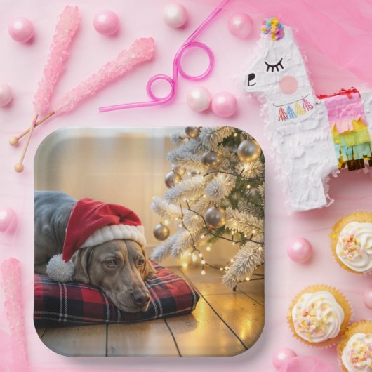 Christmas Weimaraner Dog By a Tree Papieren Bordje (Feest)