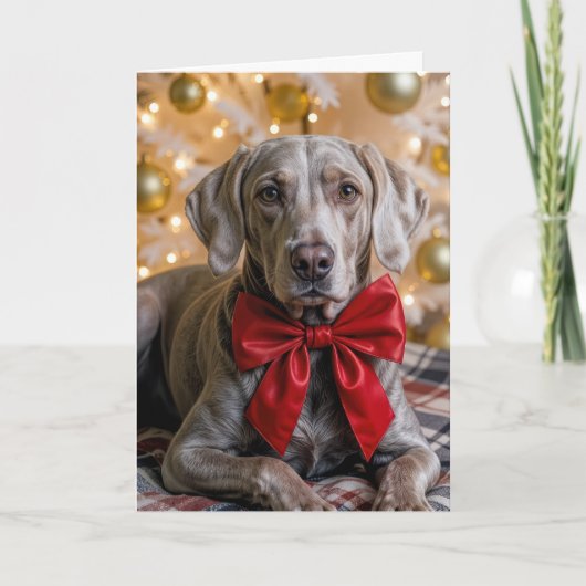 Christmas Weimaraner Dog With Red Bow Kaart (Voorkant)