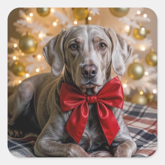 Christmas Weimaraner Dog With Red Bow Vierkante Sticker (Voorkant)