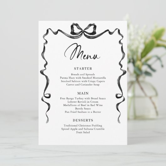 Christmas Whimsical Funky Black Bow Dinner Party Menu (Staand voorkant)