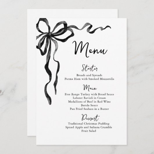 Christmas Whimsical Funky Black Bow Dinner Party Menu (Voorkant / Achterkant)
