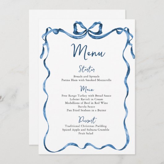 Christmas Whimsical Funky Blue Bow Dinner Party Menu (Voorkant / Achterkant)