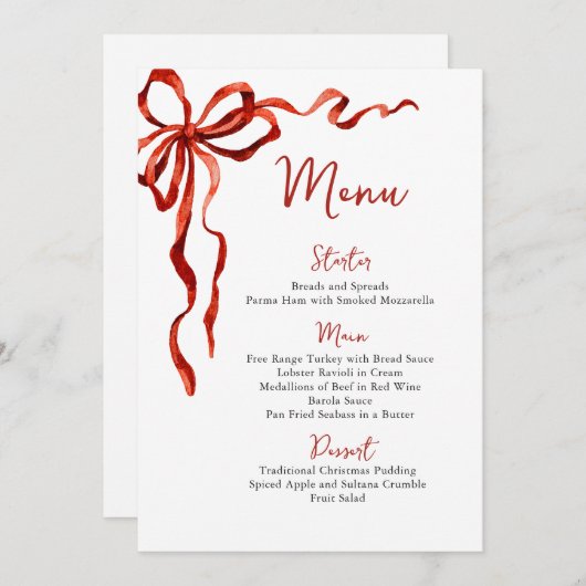Christmas Whimsical Funky Red Bow Dinner Party Menu (Voorkant / Achterkant)