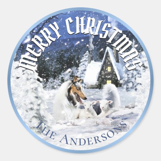 Christmas Winter Fairy Tale, Blue Merle Collie - Ronde Sticker (Voorkant)