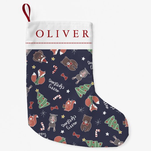 Christmas Woodland Animals Custom Name Kleine Kerstsok (Voorkant)