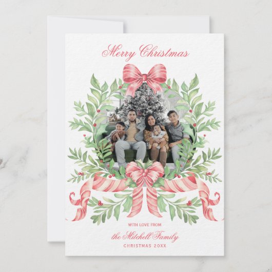 Christmas Wreath Candy Cane Bow | Photo Card Save The Date (Voorkant)
