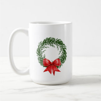 Christmas Wreath Coffee Mug with Red Bow 