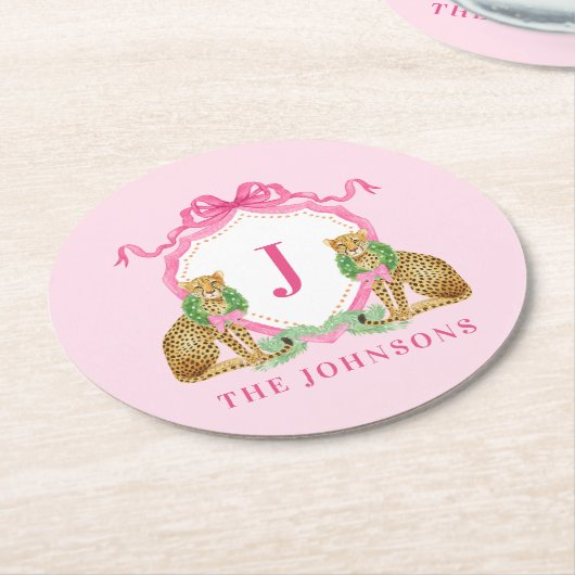 Christmas Wreath Leopard Crest Monogram Ronde Kartonnen Onderzetter (Gebogen)