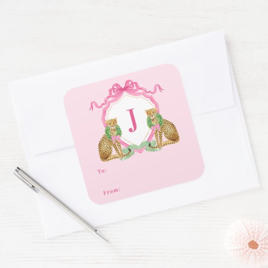 Christmas Wreath Leopard Crest Monogram Vierkante Sticker (Envelop)