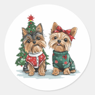 Christmas Yorkie Dogs Ronde Sticker