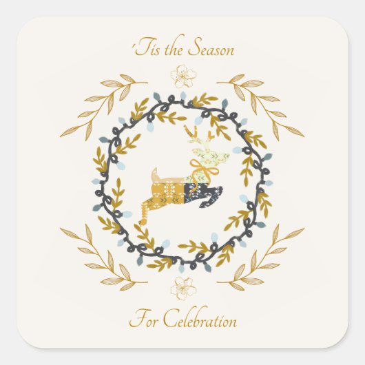 Christmastime Deer Yellow Cream Celebrate Vierkante Sticker (Voorkant)