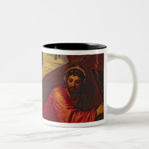 Christus die onder het gewicht van het kruis zinkt tweekleurige koffiemok