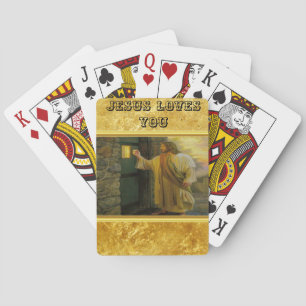 Christus die op een verweerde houten deur klopt Go Pokerkaarten