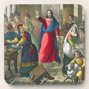 Christus ontruimt de tempel, van een bijbel bedruk bier onderzetter